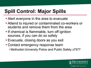 Spill Control: Major Spills
• Alert everyone in the area to evacuate
• Attend to injured or contaminated co-workers or
  students and remove them from the area
• If chemical is flammable, turn off ignition
  sources, if you can do so safely
• Evacuate, closing doors as you exit
• Contact emergency response team
  • Methodist University Police and Public Safety x7577
 