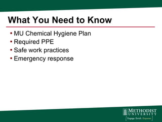 What You Need to Know
• MU Chemical Hygiene Plan
• Required PPE
• Safe work practices
• Emergency response
 