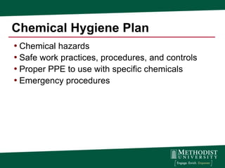 Chemical Hygiene Plan
• Chemical hazards
• Safe work practices, procedures, and controls
• Proper PPE to use with specific chemicals
• Emergency procedures
 
