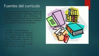 Fuentes del currículo
Fuentes socio-antropológicas: Recogen las
demandas sociales y culturales acerca del
Sistema Educativ...
