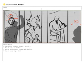 Scene
2
Action Notes
2D Paintings showing Mulan's history.
1. Mulan and her father
2. Mulan becominng a respected general
3. Mulan becoming a God.
Mulan_Animatic
 