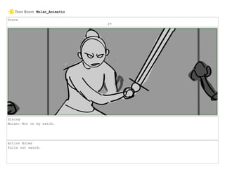 Scene
27
Dialog
Mulan: Not on my watch.
Action Notes
Pulls out sword.
Mulan_Animatic
 
