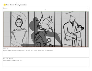 Scene
2
Dialog
sound fx- swords slashing, Mulan yelling, minions crumbling
Action Notes
She easily destroys it.
Mulan_Animatic
 