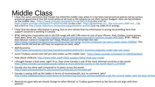 Economy – Mulcair (Exports)
• Mulcair Comment:
• Mulcair is great at discussing federal policies, like tax rates, trade deals, etc., but says little how Ottawa will
be partner with the provinces. It seems some major policies areas are hurting business
• Hydro rates - Hydro Rates -
http://www.thestar.com/business/2014/02/26/ontarios_big_industries_plead_for_lower_hydro_rates.html or
http://www.therebel.media/trudeau_advisor_gerald_butts_green_energy_policies_cost_ontario_300_000_jobs_admits_liberal_think_ta
or http://www.northernlife.ca/news/localNews/2015/07/09-hydro-rates-chamber-report-sudbury.aspx
• Red Tape/Regulations – Ontario is rank 28th
-
http://www.northernontariobusiness.com/Industry-News/mining/2014/03/Ontario-ranked-28th-among-world%E2%80%99s-friendliest-m
• R&D innovation – Mulcair makes no mention of existing programs, why?
http://www.slideshare.net/paulyoungcga/federal-government-programs-canada
 