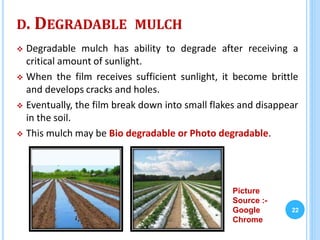 D. DEGRADABLE MULCH
 Degradable mulch has ability to degrade after receiving a
critical amount of sunlight.
 When the film receives sufficient sunlight, it become brittle
and develops cracks and holes.
 Eventually, the film break down into small flakes and disappear
in the soil.
 This mulch may be Bio degradable or Photo degradable.
22
Picture
Source :-
Google
Chrome
 