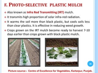 F. PHOTO-SELECTIVE PLASTIC MULCH
 Also known as Infra Red Transmitting (IRT) mulch.
 It transmits high proportion of solar infra-red radiation.
 It warms the soil more than black plastic, but cools soils less
than clear plastics. It is effective in reducing weed growth.
 Crops grown on the IRT mulch become ready to harvest 7-10
days earlier than crops grown with black plastic mulch.
26
Picture source:- Centre of Excellence for Vegetables, Kartarpur, Punjab.
 
