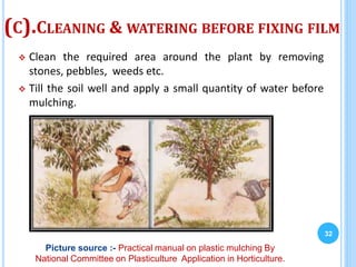 (C).CLEANING & WATERING BEFORE FIXING FILM
 Clean the required area around the plant by removing
stones, pebbles, weeds etc.
 Till the soil well and apply a small quantity of water before
mulching.
32
Picture source :- Practical manual on plastic mulching By
National Committee on Plasticulture Application in Horticulture.
 