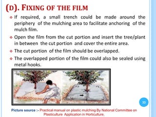 (D). FIXING OF THE FILM
 If required, a small trench could be made around the
periphery of the mulching area to facilitate anchoring of the
mulch film.
 Open the film from the cut portion and insert the tree/plant
in between the cut portion and cover the entire area.
 The cut portion of the film should be overlapped.
 The overlapped portion of the film could also be sealed using
metal hooks.
33
Picture source :- Practical manual on plastic mulching By National Committee on
Plasticulture Application in Horticulture.
 