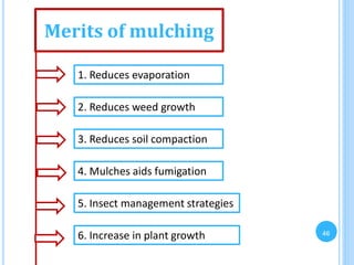 46
Merits of mulching
1. Reduces evaporation
3. Reduces soil compaction
5. Insect management strategies
2. Reduces weed growth
4. Mulches aids fumigation
6. Increase in plant growth
 