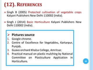 (12). REFERENCES
 Singh B (2005) Protected cultivation of vegetable crops
Kalyani Publishers New Delhi 110002 (India).
 Singh J (2014) Basic Horticulture Kalyani Publishers New
Delhi 110002 (India).
50
 Pictures source
1. Google chrome.
2. Centre of Excellence for Vegetables, Kartarpur,
Punjab.
3. Guava orchard Khalsa College, Amritsar.
4. Practical manual on plastic mulching by National
Committee on Plasticulture Application in
Horticulture.
 