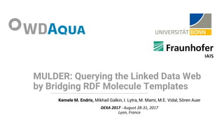 MULDER: Querying the Linked Data Web
by Bridging RDF Molecule Templates
Kemele M. Endris, Mikhail Galkin, I. Lytra, M. Mami, M.E. Vidal, Sören Auer
DEXA 2017 - August 28-31, 2017
Lyon, France
 
