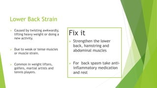 Lower Back Strain 
 Caused by twisting awkwardly, 
lifting heavy weight or doing a 
new activity. 
 Due to weak or tense muscles 
or muscle strain. 
 Common in weight lifters, 
golfers, martial artists and 
tennis players. 
Fix it 
 Strengthen the lower 
back, hamstring and 
abdominal muscles 
 For back spasm take anti-inflammatory 
medication 
and rest 
 