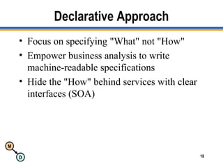 M
D 10
Declarative Approach
• Focus on specifying "What" not "How"
• Empower business analysis to write
machine-readable specifications
• Hide the "How" behind services with clear
interfaces (SOA)
 