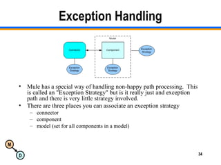 M
D 34
Exception Handling
• Mule has a special way of handling non-happy path processing. This
is called an "Exception Strategy" but is it really just and exception
path and there is very little strategy involved.
• There are three places you can associate an exception strategy
– connector
– component
– model (set for all components in a model)
 