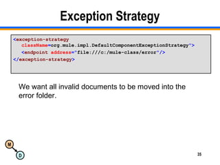M
D 35
Exception Strategy
<exception-strategy
className=org.mule.impl.DefaultComponentExceptionStrategy">
<endpoint address="file:///c:/mule-class/error"/>
</exception-strategy>
We want all invalid documents to be moved into the
error folder.
 