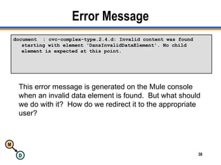 M
D 38
Error Message
document : cvc-complex-type.2.4.d: Invalid content was found
starting with element 'DansInvalidDataElement'. No child
element is expected at this point.
This error message is generated on the Mule console
when an invalid data element is found. But what should
we do with it? How do we redirect it to the appropriate
user?
 