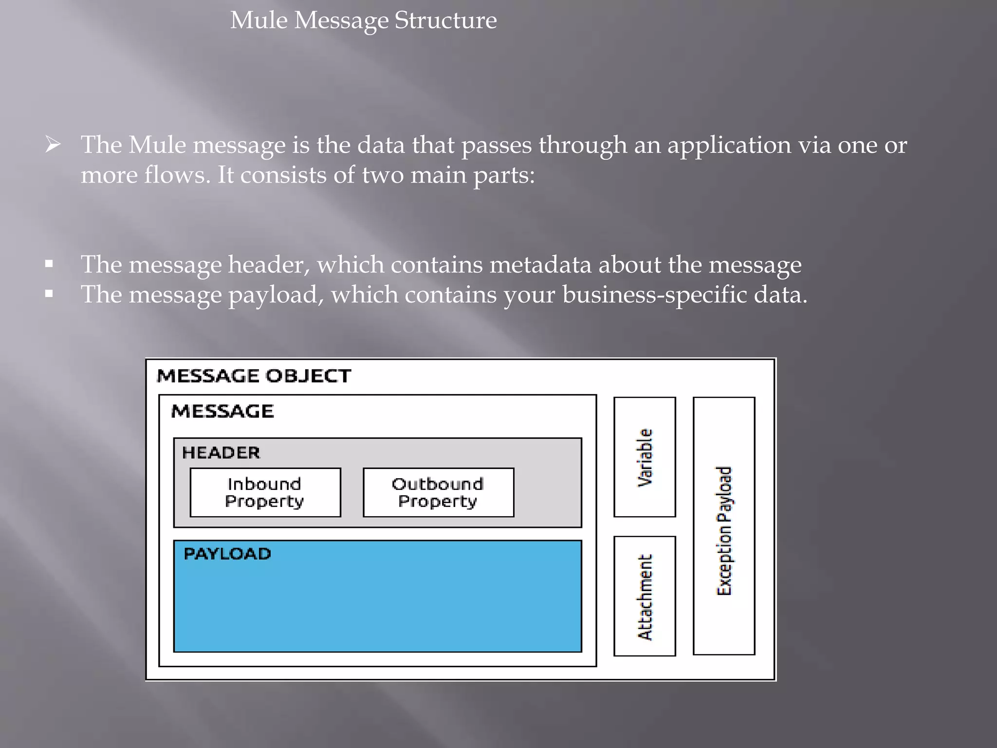 Mule Message Structure
 The Mule message is the data that passes through an application via one or
more flows. It consists of two main parts:
 The message header, which contains metadata about the message
 The message payload, which contains your business-specific data.
 