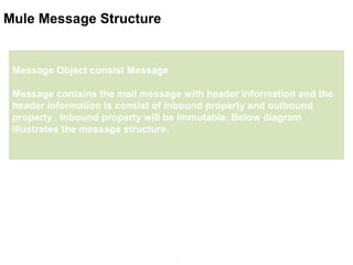 9
Mule Message Structure
Message Object consist Message
Message contains the mail message with header information and the
header information is consist of inbound property and outbound
property . Inbound property will be immutable. Below diagram
illustrates the message structure.
 