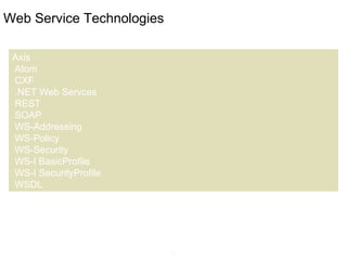 10
Web Service Technologies
Axis
Atom
CXF
.NET Web Servces
REST
SOAP
WS-Addressing
WS-Policy
WS-Security
WS-I BasicProfile
WS-I SecurityProfile
WSDL