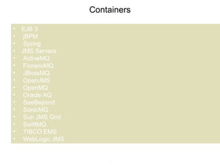 3
Containers
• EJB 3
• jBPM
• Spring
• JMS Servers
• ActiveMQ
• FioranoMQ
• JBossMQ
• OpenJMS
• OpenMQ
• Oracle AQ
• SeeBeyond
• SonicMQ
• Sun JMS Grid
• SwiftMQ
• TIBCO EMS
• WebLogic JMS