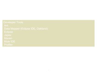 5
Developer Tools
Ant
Data Mapper (Eclipse IDE, Oakland)
Eclipse
Japex
Maven
Mule IDE
Profiler