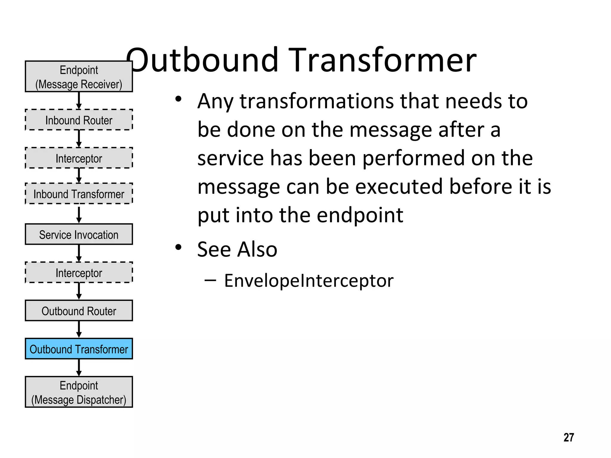 Outbound Transformer
• Any transformations that needs to
be done on the message after a
service has been performed on the
message can be executed before it is
put into the endpoint
• See Also
– EnvelopeInterceptor
27
Endpoint
(Message Receiver)
Endpoint
(Message Dispatcher)
Inbound Router
Interceptor
Interceptor
Inbound Transformer
Service Invocation
Outbound Router
Outbound Transformer
 