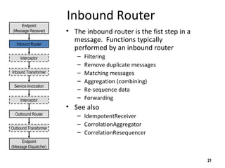 Inbound Router
• The inbound router is the fist step in a
message. Functions typically
performed by an inbound router
– Filtering
– Remove duplicate messages
– Matching messages
– Aggregation (combining)
– Re-sequence data
– Forwarding
• See also
– IdempotentReceiver
– CorrolationAggregator
– CorrelationResequencer
21
Endpoint
(Message Dispatcher)
Inbound Router
Outbound Router
Inbound Transformer
Outbound Transformer
Interceptor
Service Invocation
Interceptor
Endpoint
(Message Receiver)
 