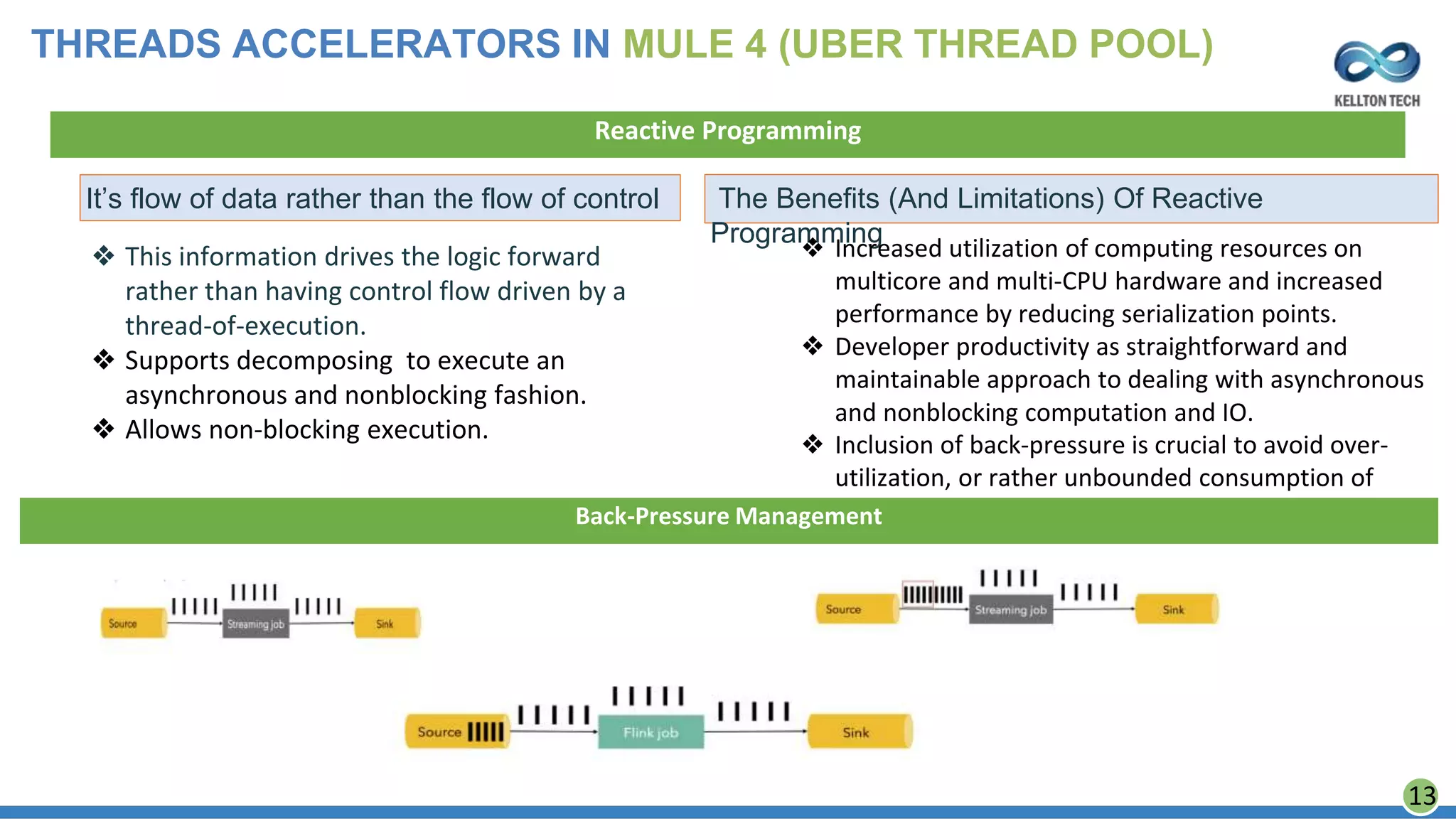 THREADS ACCELERATORS IN MULE 4 (UBER THREAD POOL)
Reactive Programming
❖ This information drives the logic forward
rather than having control flow driven by a
thread-of-execution.
❖ Supports decomposing to execute an
asynchronous and nonblocking fashion.
❖ Allows non-blocking execution.
It’s flow of data rather than the flow of control The Benefits (And Limitations) Of Reactive
Programming❖ Increased utilization of computing resources on
multicore and multi-CPU hardware and increased
performance by reducing serialization points.
❖ Developer productivity as straightforward and
maintainable approach to dealing with asynchronous
and nonblocking computation and IO.
❖ Inclusion of back-pressure is crucial to avoid over-
utilization, or rather unbounded consumption of
resourcesBack-Pressure Management
13
 