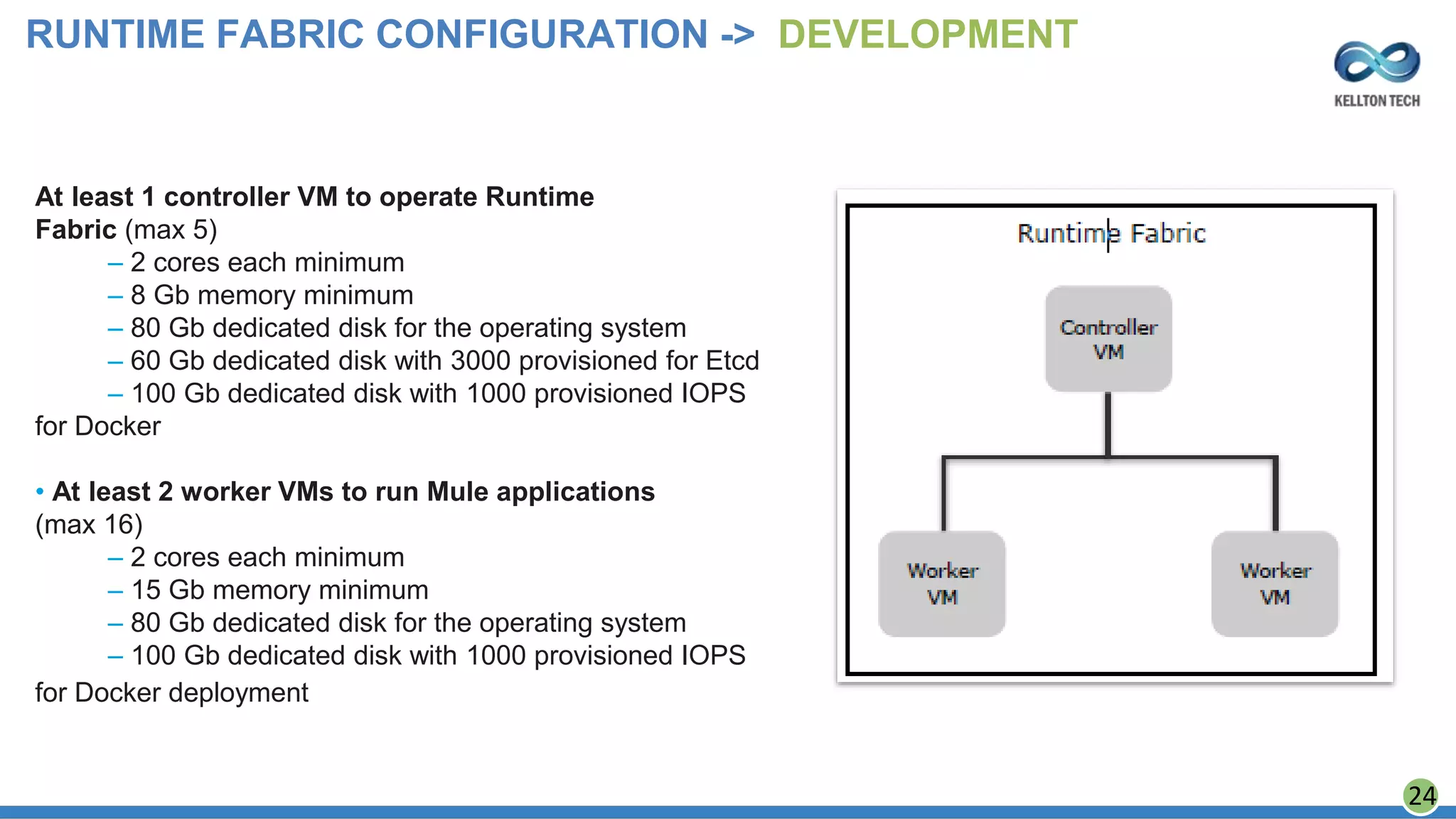 At least 1 controller VM to operate Runtime
Fabric (max 5)
– 2 cores each minimum
– 8 Gb memory minimum
– 80 Gb dedicated disk for the operating system
– 60 Gb dedicated disk with 3000 provisioned for Etcd
– 100 Gb dedicated disk with 1000 provisioned IOPS
for Docker
• At least 2 worker VMs to run Mule applications
(max 16)
– 2 cores each minimum
– 15 Gb memory minimum
– 80 Gb dedicated disk for the operating system
– 100 Gb dedicated disk with 1000 provisioned IOPS
for Docker deployment configuration
RUNTIME FABRIC CONFIGURATION -> DEVELOPMENT
24
 