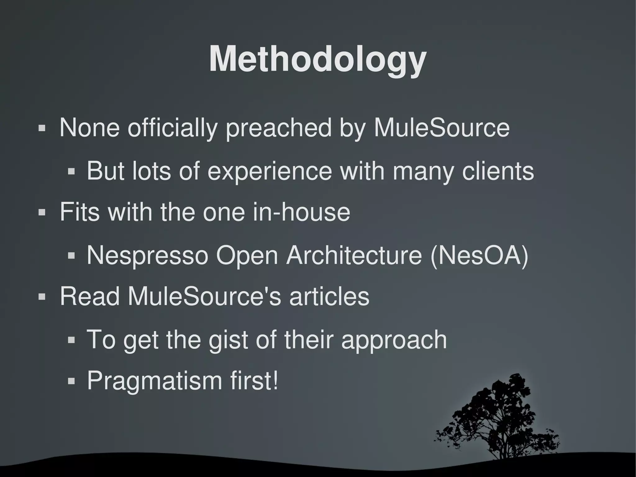 Methodology
   None officially preached by MuleSource
       But lots of experience with many clients
   Fits with the one in­house
       Nespresso Open Architecture (NesOA)
   Read MuleSource's articles
       To get the gist of their approach
       Pragmatism first!


                        
 