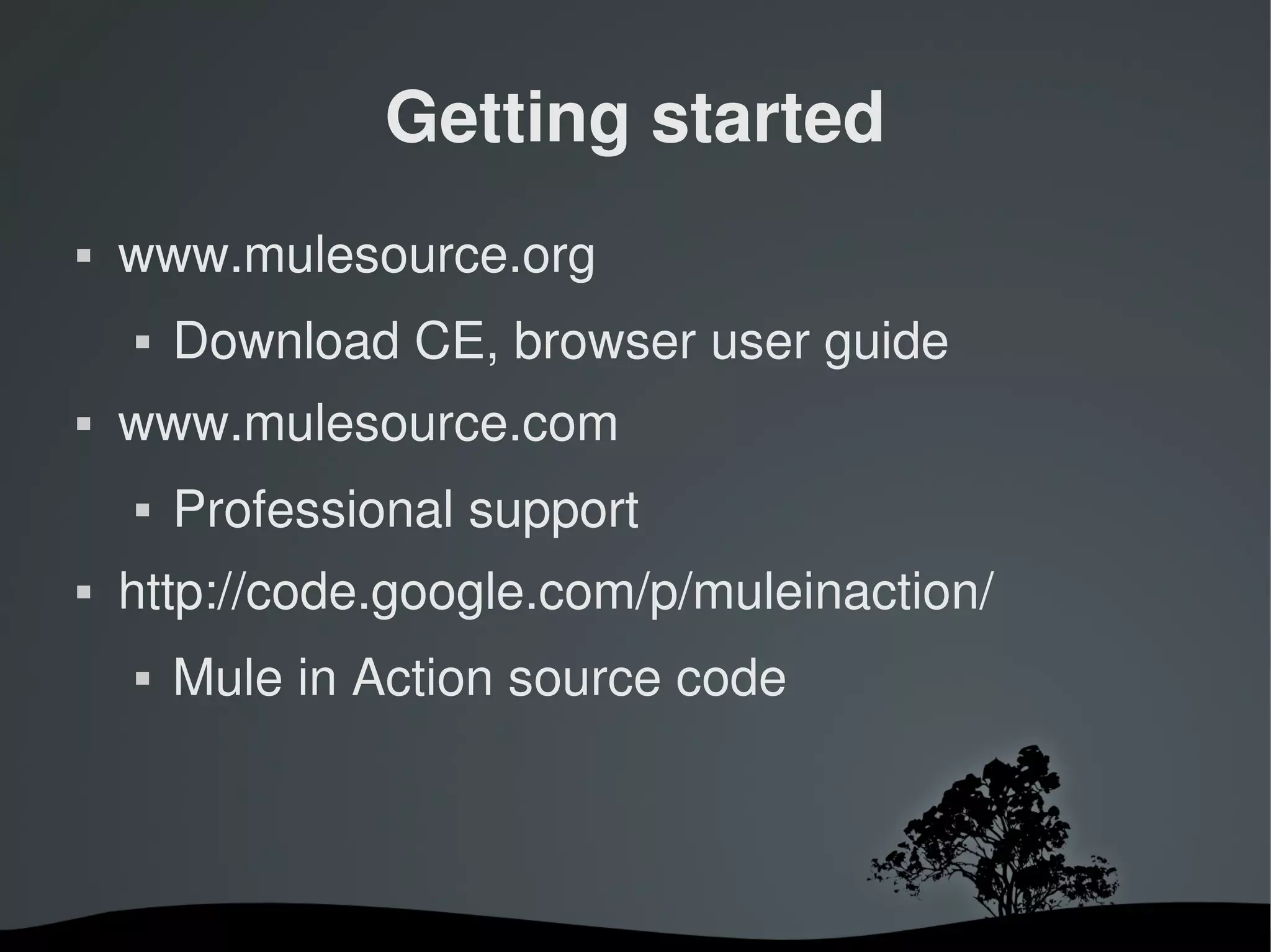 Getting started
   www.mulesource.org
       Download CE, browser user guide
   www.mulesource.com
       Professional support
   http://code.google.com/p/muleinaction/
       Mule in Action source code



                       
 