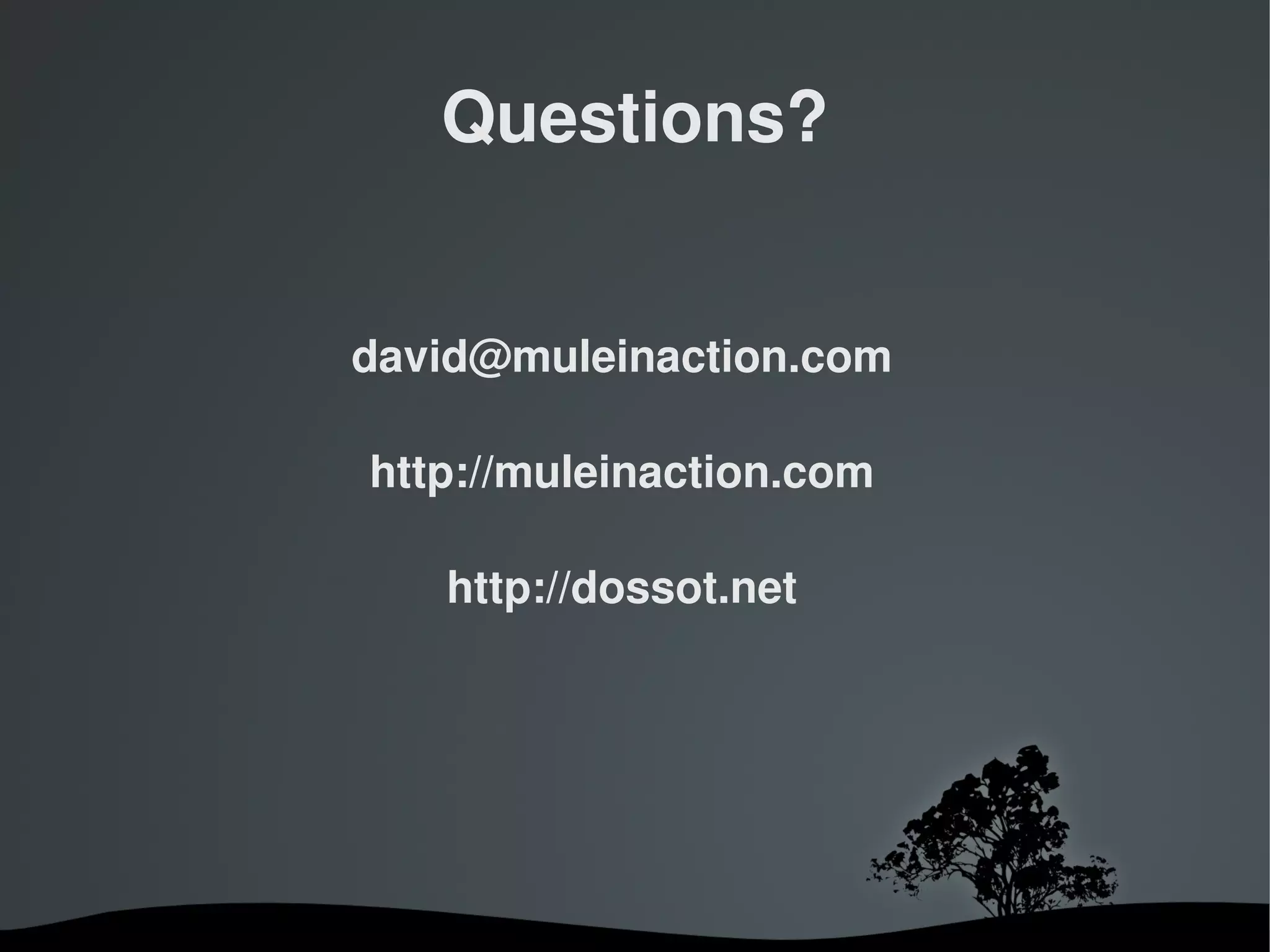 Questions?


    david@muleinaction.com

    http://muleinaction.com

       http://dossot.net




           
 