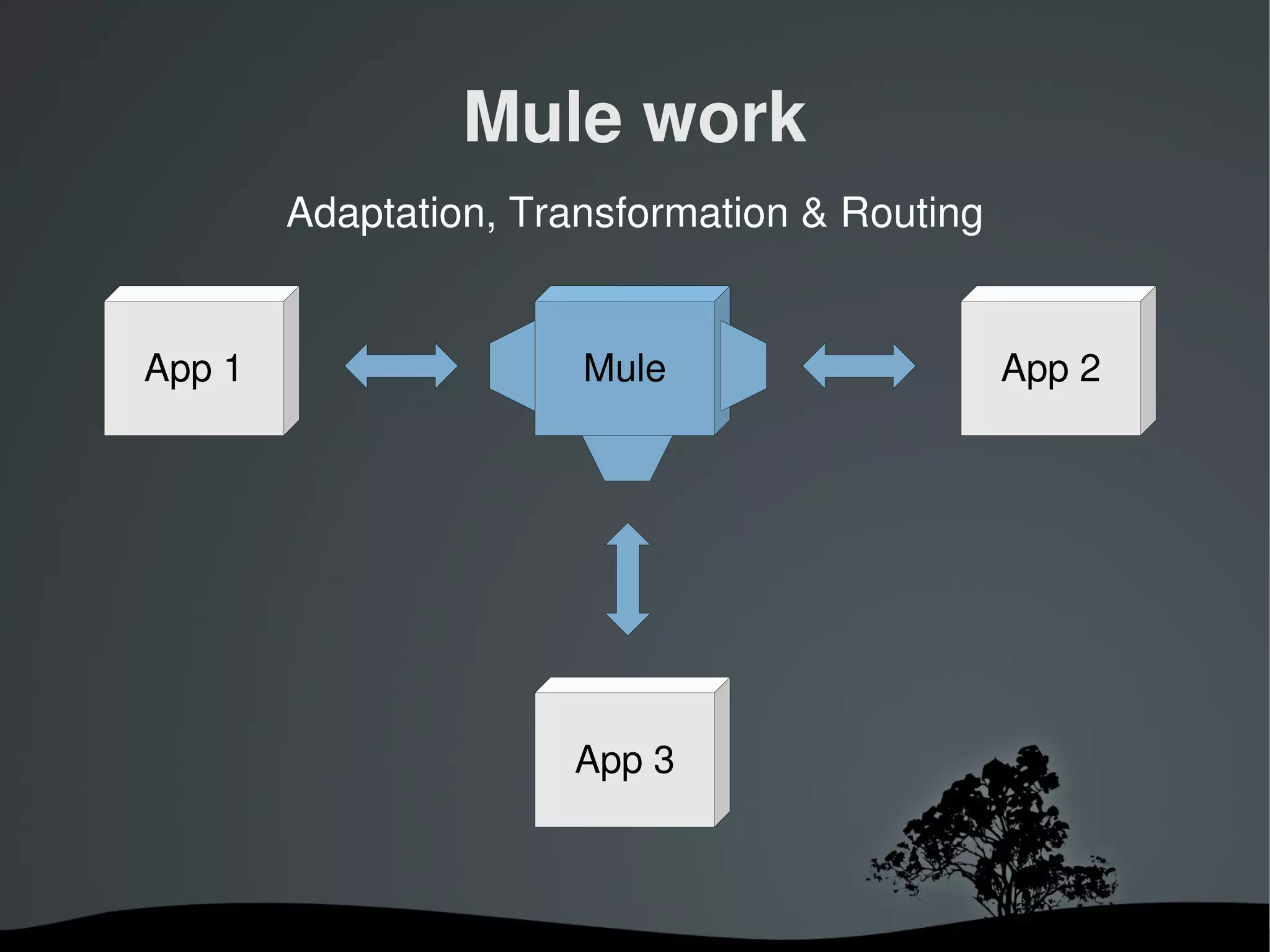 Mule work
        Adaptation, Transformation & Routing


App 1                  Mule                    App 2




                       App 3



                    
 