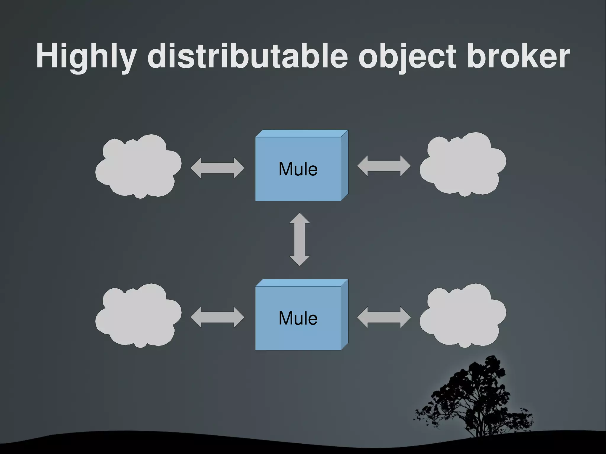 Highly distributable object broker


                 Mule




                 Mule




              
 