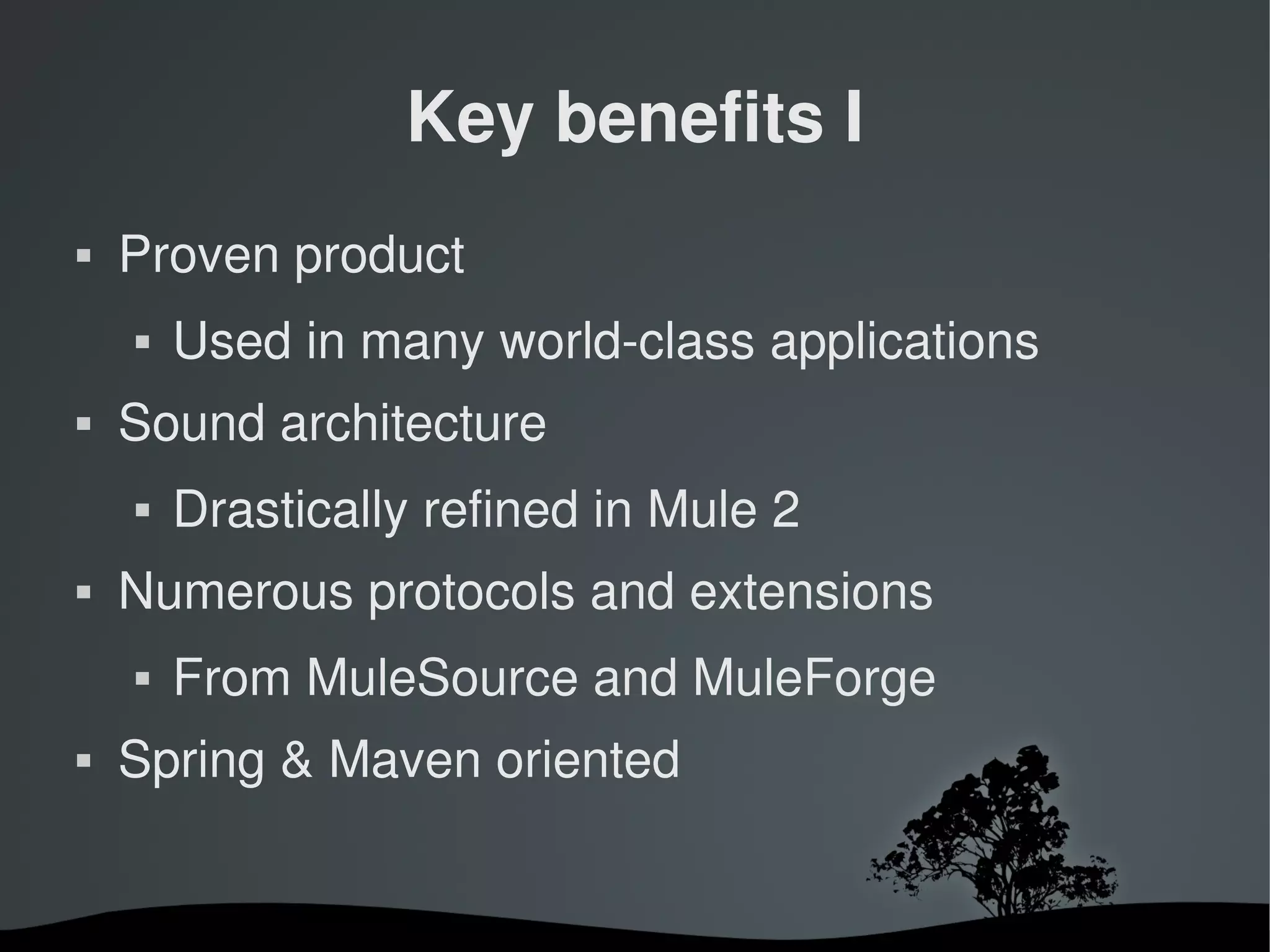 Key benefits I
   Proven product
       Used in many world­class applications
   Sound architecture
       Drastically refined in Mule 2
   Numerous protocols and extensions
       From MuleSource and MuleForge
   Spring & Maven oriented


                        
 