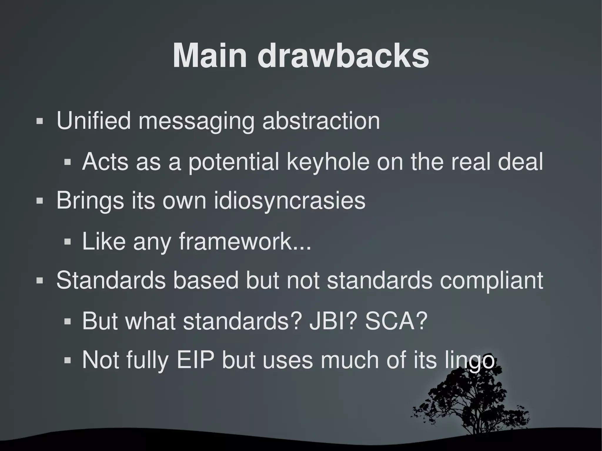 Main drawbacks
   Unified messaging abstraction
       Acts as a potential keyhole on the real deal
   Brings its own idiosyncrasies
       Like any framework...
   Standards based but not standards compliant
       But what standards? JBI? SCA?
       Not fully EIP but uses much of its lingo


                        
 