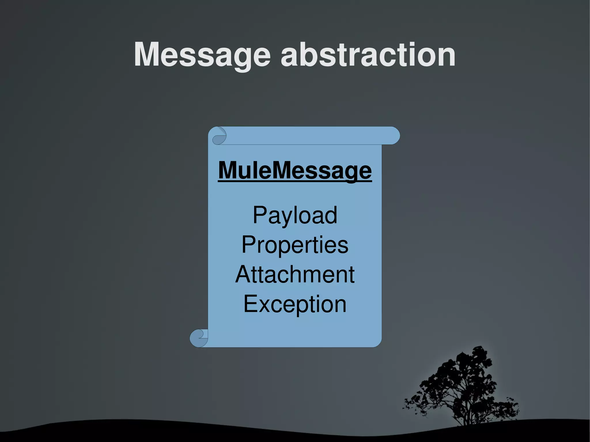Message abstraction


        MuleMessage
          Payload
         Properties
         Attachment
         Exception




           
 