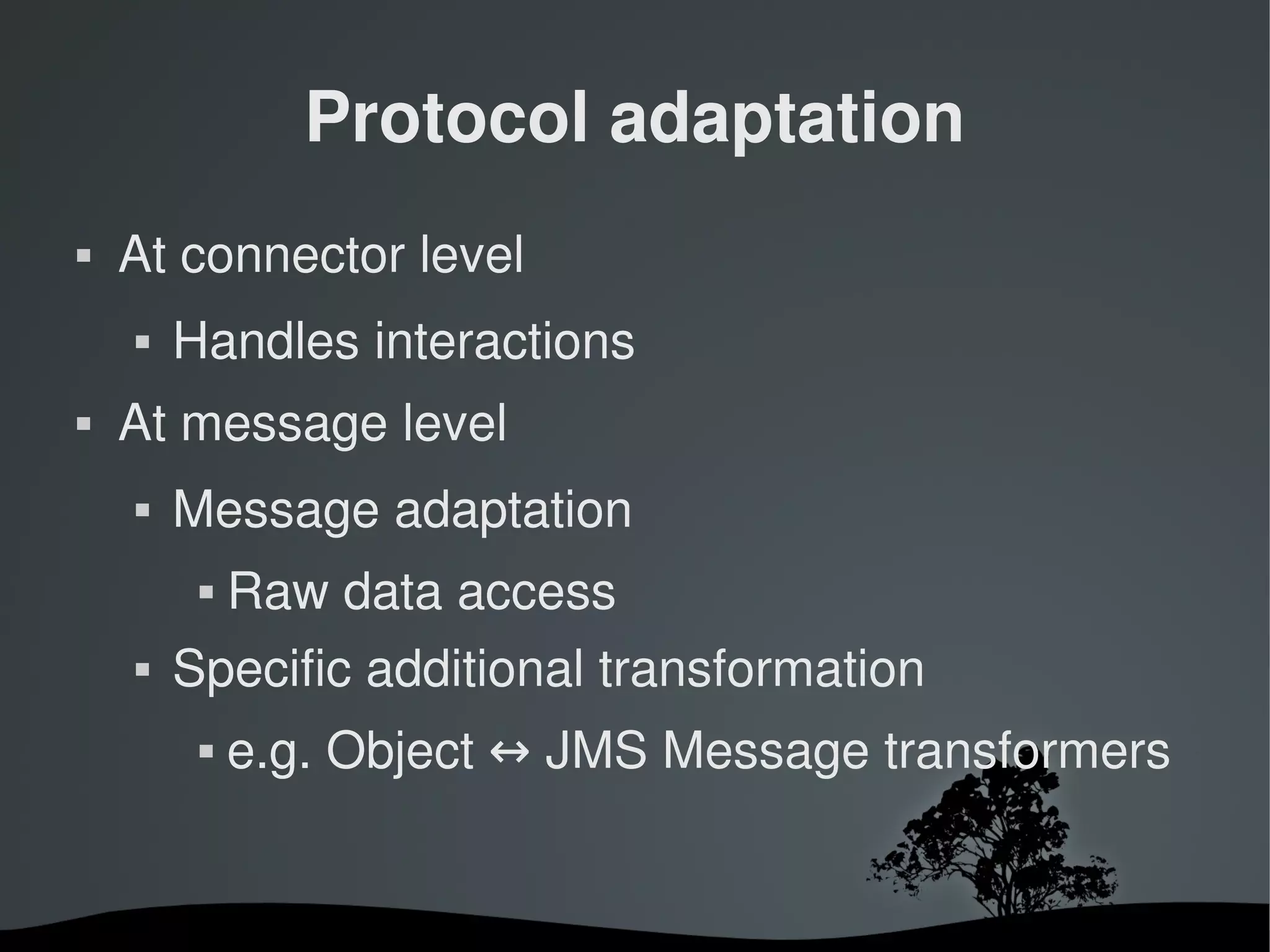 Protocol adaptation
   At connector level
       Handles interactions 
   At message level
       Message adaptation
                Raw data access
       Specific additional transformation
                e.g. Object ↔ JMS Message transformers


                             
 