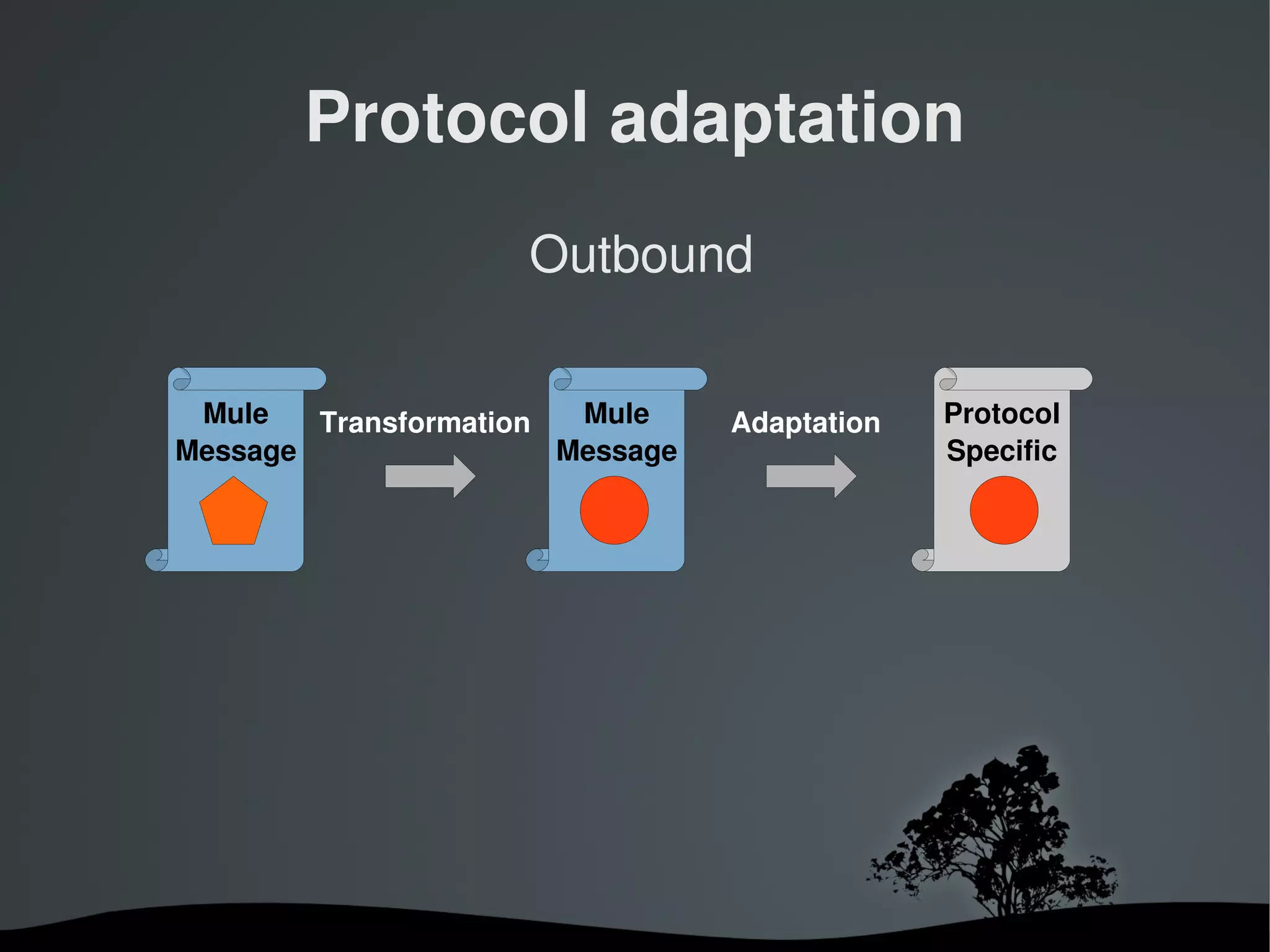 Protocol adaptation
                        Outbound

 Mule   Transformation  Mule     Adaptation   Protocol
Message                Message                Specific




                     
 