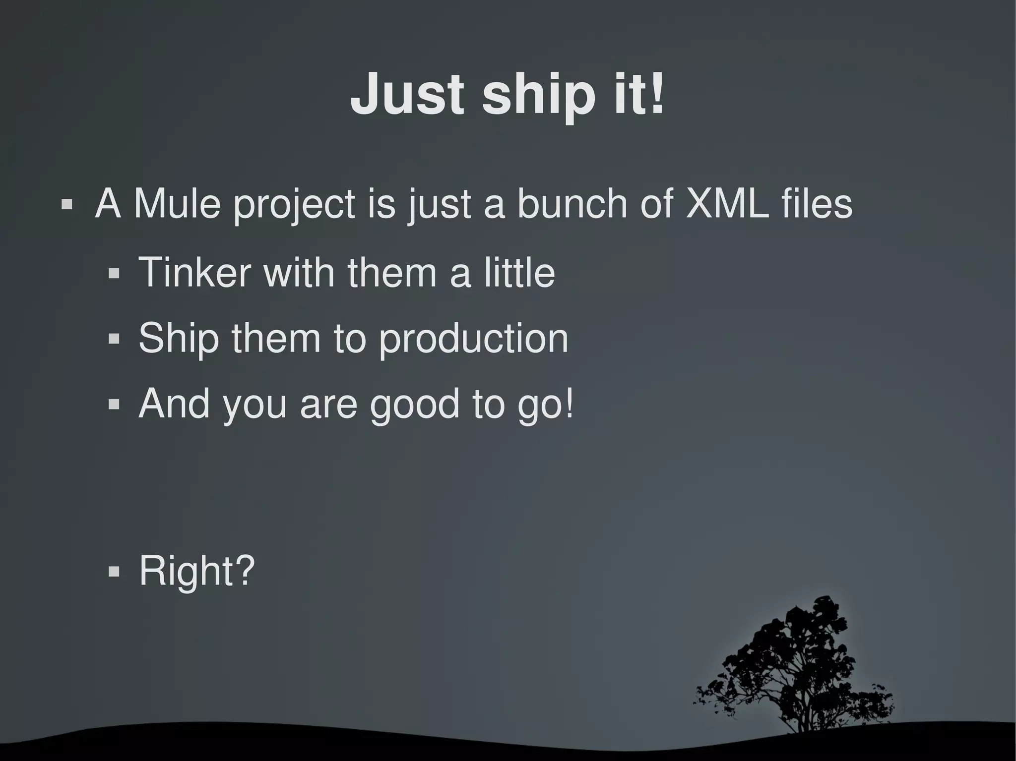 Just ship it!
   A Mule project is just a bunch of XML files
       Tinker with them a little
       Ship them to production
       And you are good to go!


       Right?



                         
 