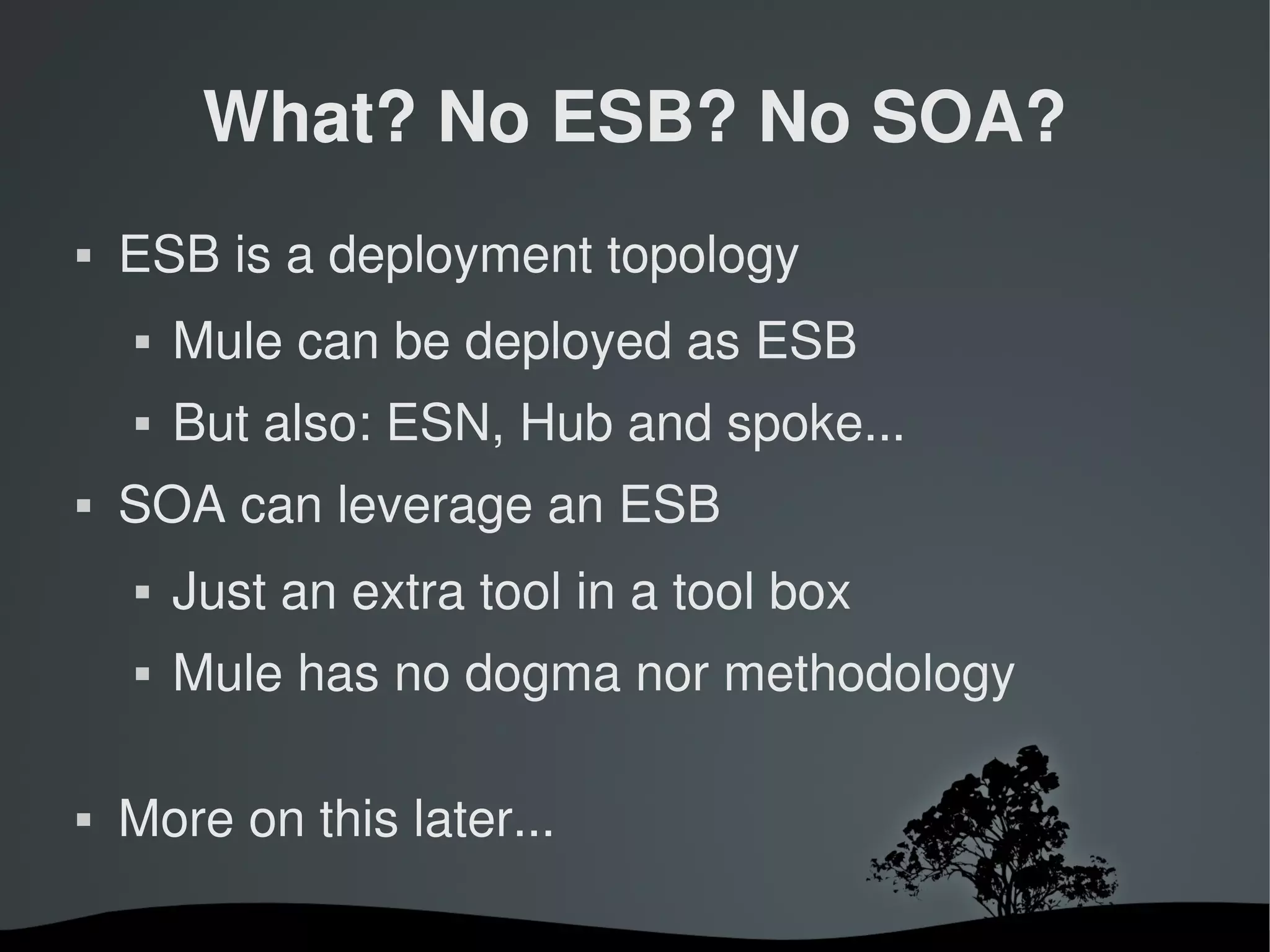 What? No ESB? No SOA?
   ESB is a deployment topology
       Mule can be deployed as ESB
       But also: ESN, Hub and spoke...
   SOA can leverage an ESB
       Just an extra tool in a tool box
       Mule has no dogma nor methodology

   More on this later...

                        
 