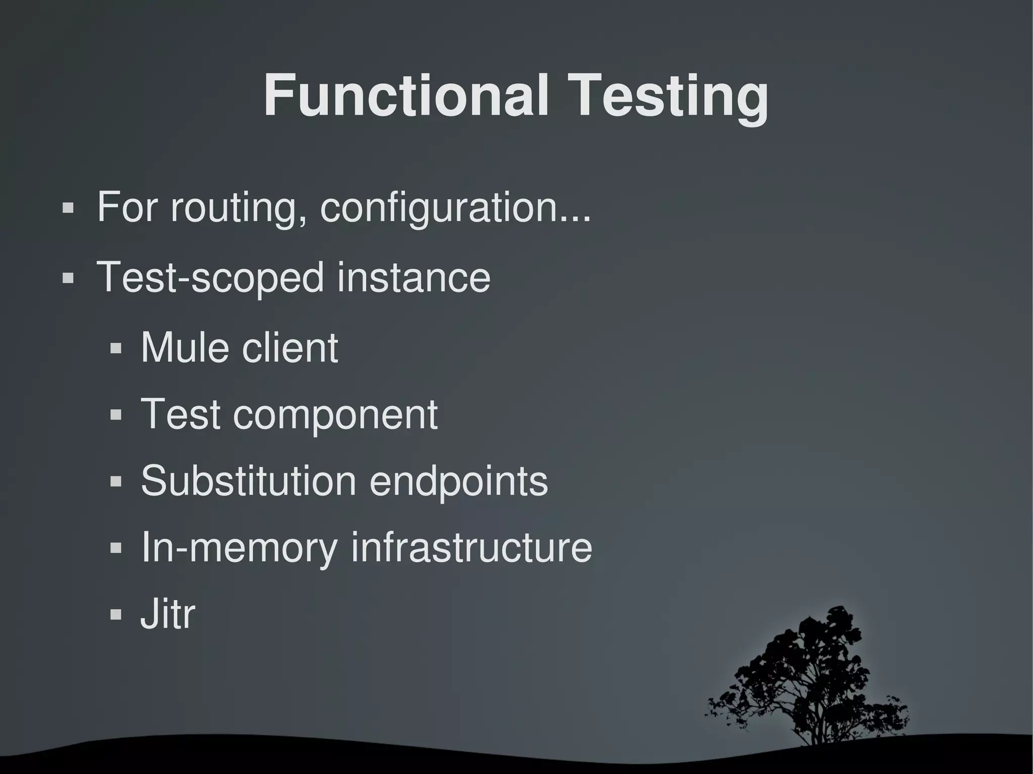 Functional Testing
   For routing, configuration...
   Test­scoped instance
       Mule client
       Test component
       Substitution endpoints
       In­memory infrastructure
       Jitr


                       
 