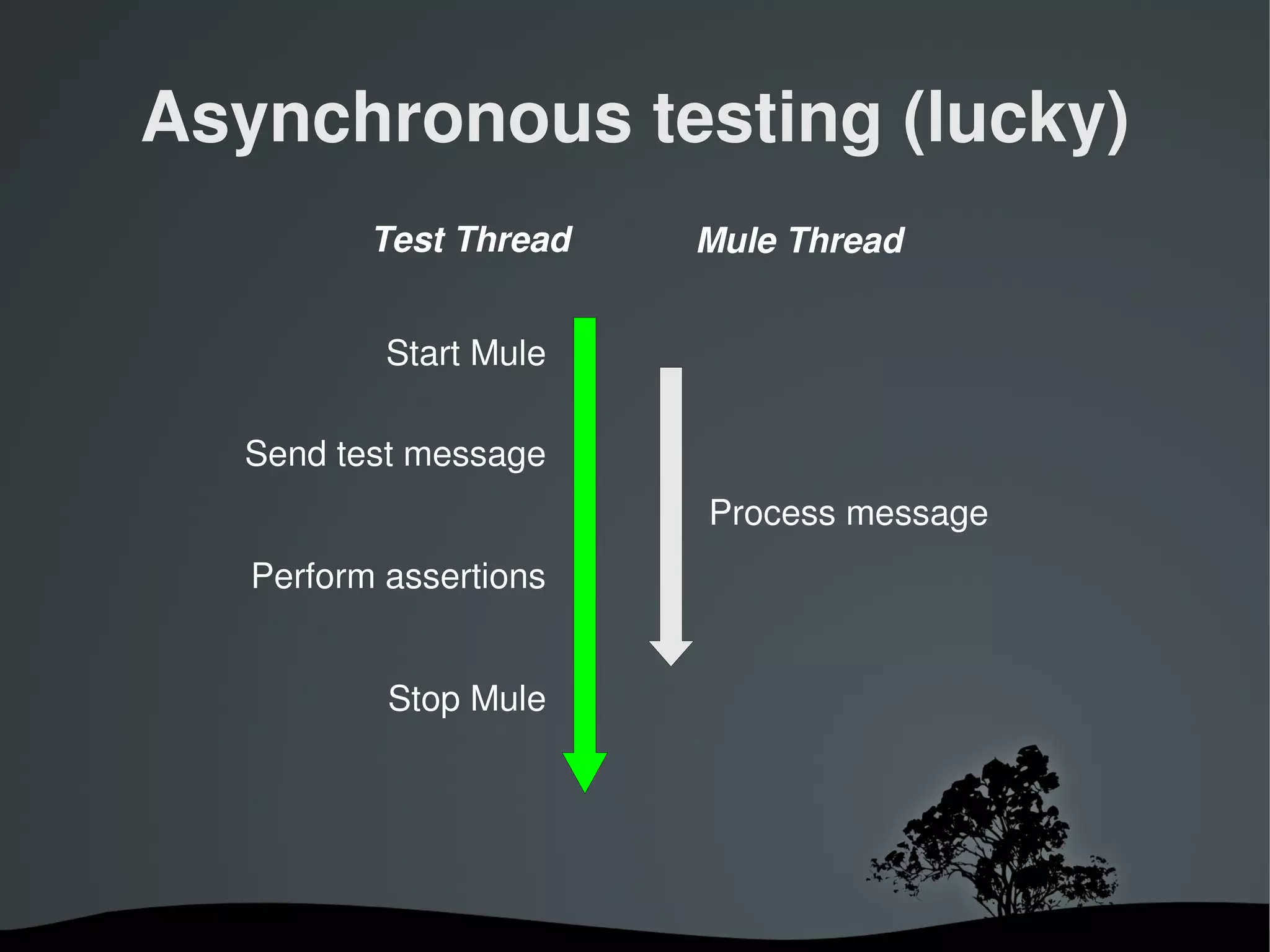 Asynchronous testing (lucky)
             Test Thread   Mule Thread


              Start Mule

      Send test message
                           Process message
      Perform assertions


              Stop Mule




                      
 