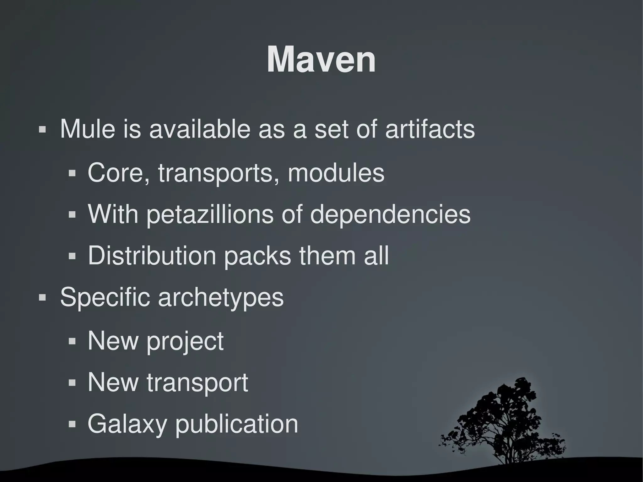 Maven
   Mule is available as a set of artifacts
       Core, transports, modules
       With petazillions of dependencies
       Distribution packs them all
   Specific archetypes
       New project
       New transport
       Galaxy publication
                         
 
