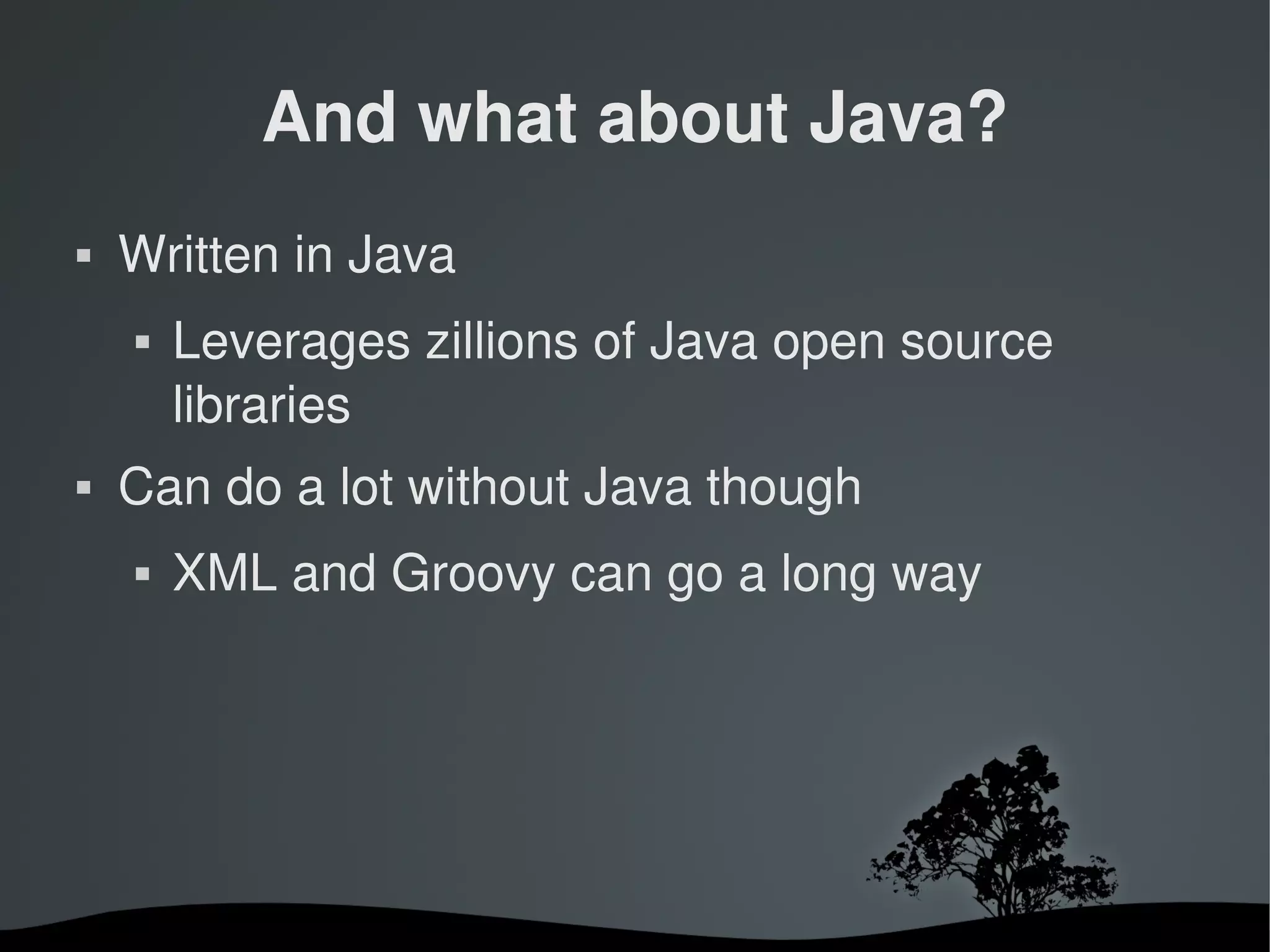 And what about Java?
   Written in Java
       Leverages zillions of Java open source 
        libraries
   Can do a lot without Java though
       XML and Groovy can go a long way




                       
 