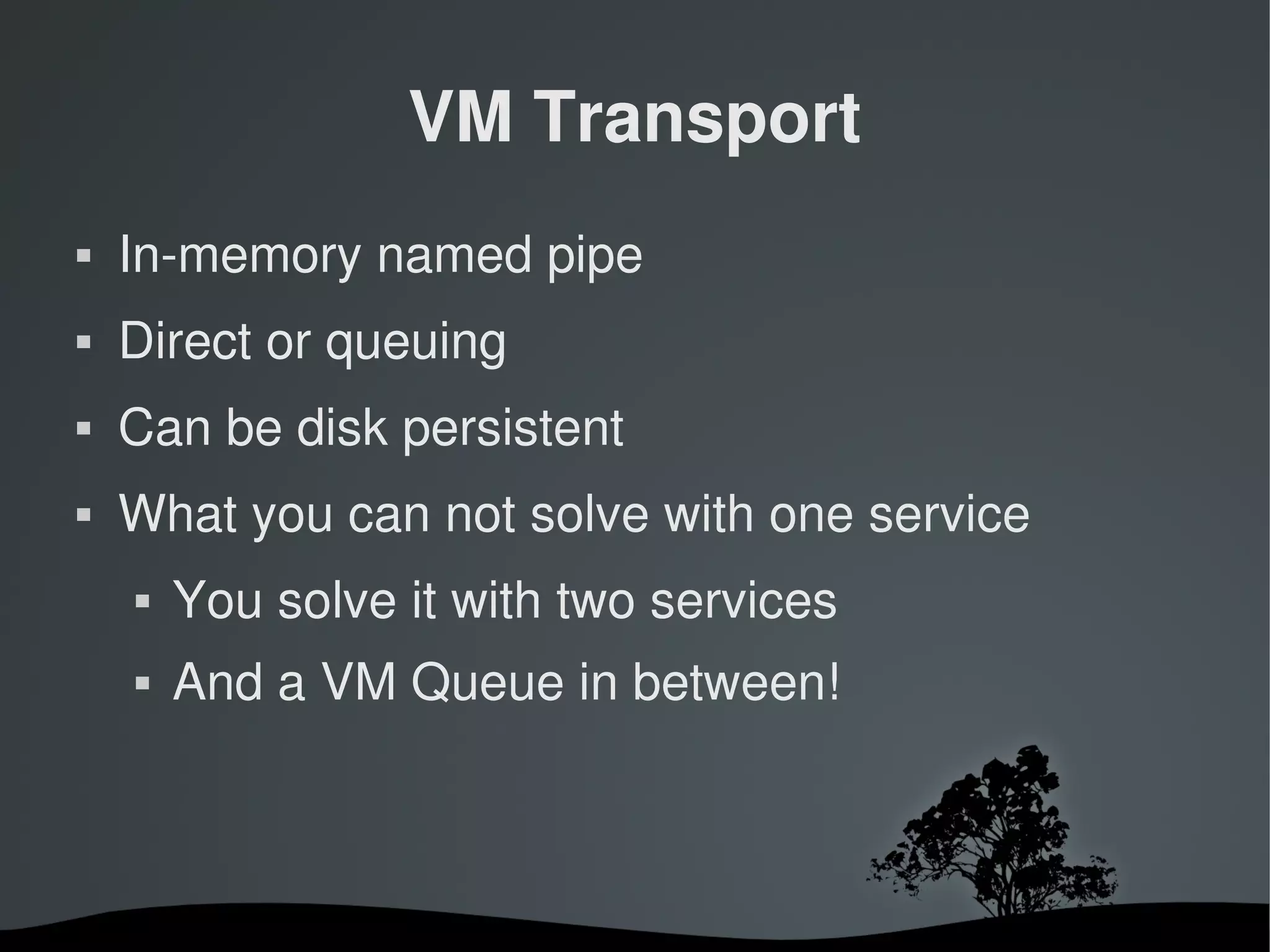 VM Transport
   In­memory named pipe
   Direct or queuing
   Can be disk persistent
   What you can not solve with one service
       You solve it with two services
       And a VM Queue in between!



                         
 