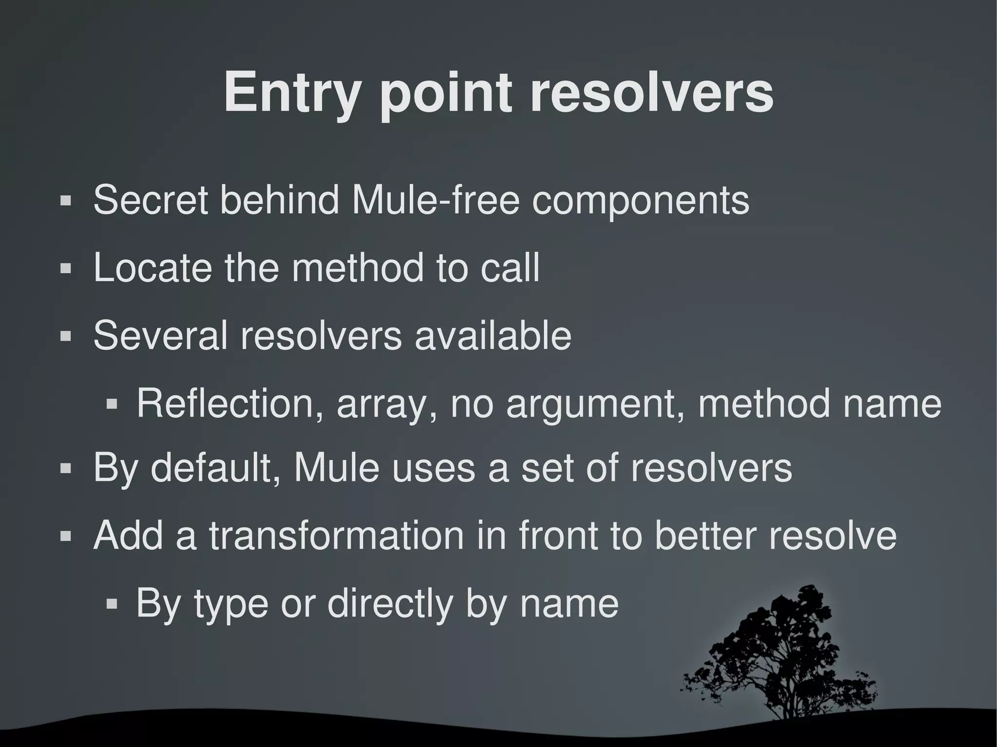 Entry point resolvers
   Secret behind Mule­free components
   Locate the method to call
   Several resolvers available
       Reflection, array, no argument, method name
   By default, Mule uses a set of resolvers
   Add a transformation in front to better resolve
       By type or directly by name


                       
 
