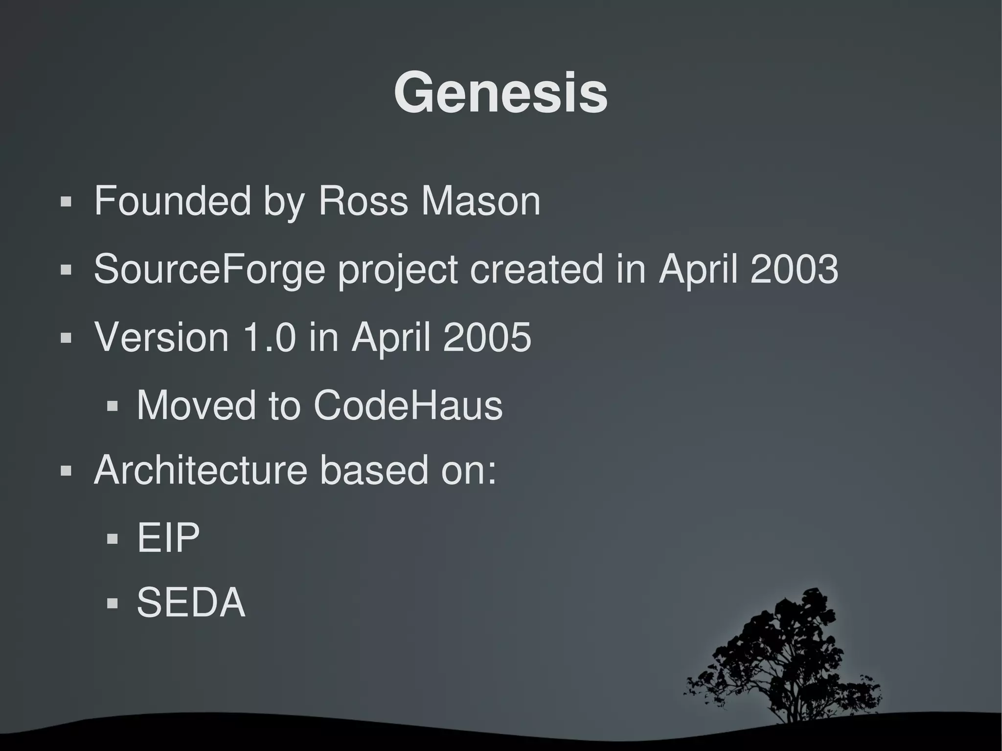 Genesis
   Founded by Ross Mason
   SourceForge project created in April 2003
   Version 1.0 in April 2005
       Moved to CodeHaus
   Architecture based on:
       EIP
       SEDA


                      
 