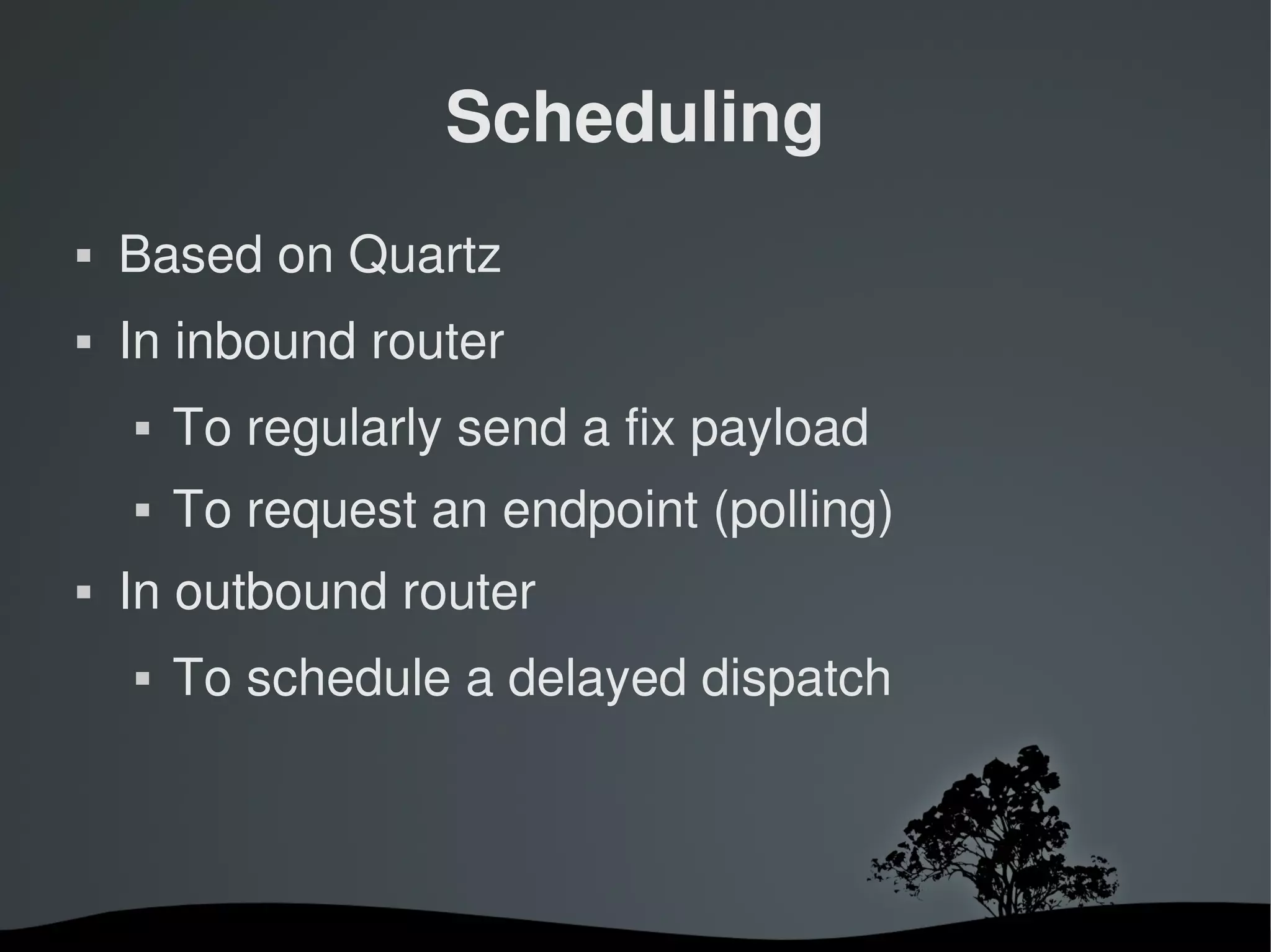 Scheduling
   Based on Quartz
   In inbound router
       To regularly send a fix payload
       To request an endpoint (polling)
   In outbound router 
       To schedule a delayed dispatch



                         
 