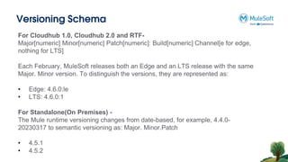 Versioning Schema
For Cloudhub 1.0, Cloudhub 2.0 and RTF-
Major[numeric] Minor[numeric] Patch[numeric]: Build[numeric] Channel[e for edge,
nothing for LTS]
Each February, MuleSoft releases both an Edge and an LTS release with the same
Major. Minor version. To distinguish the versions, they are represented as:
• Edge: 4.6.0:le
• LTS: 4.6.0:1
For Standalone(On Premises) -
The Mule runtime versioning changes from date-based, for example, 4.4.0-
20230317 to semantic versioning as: Major. Minor.Patch
• 4.5.1
• 4.5.2
 